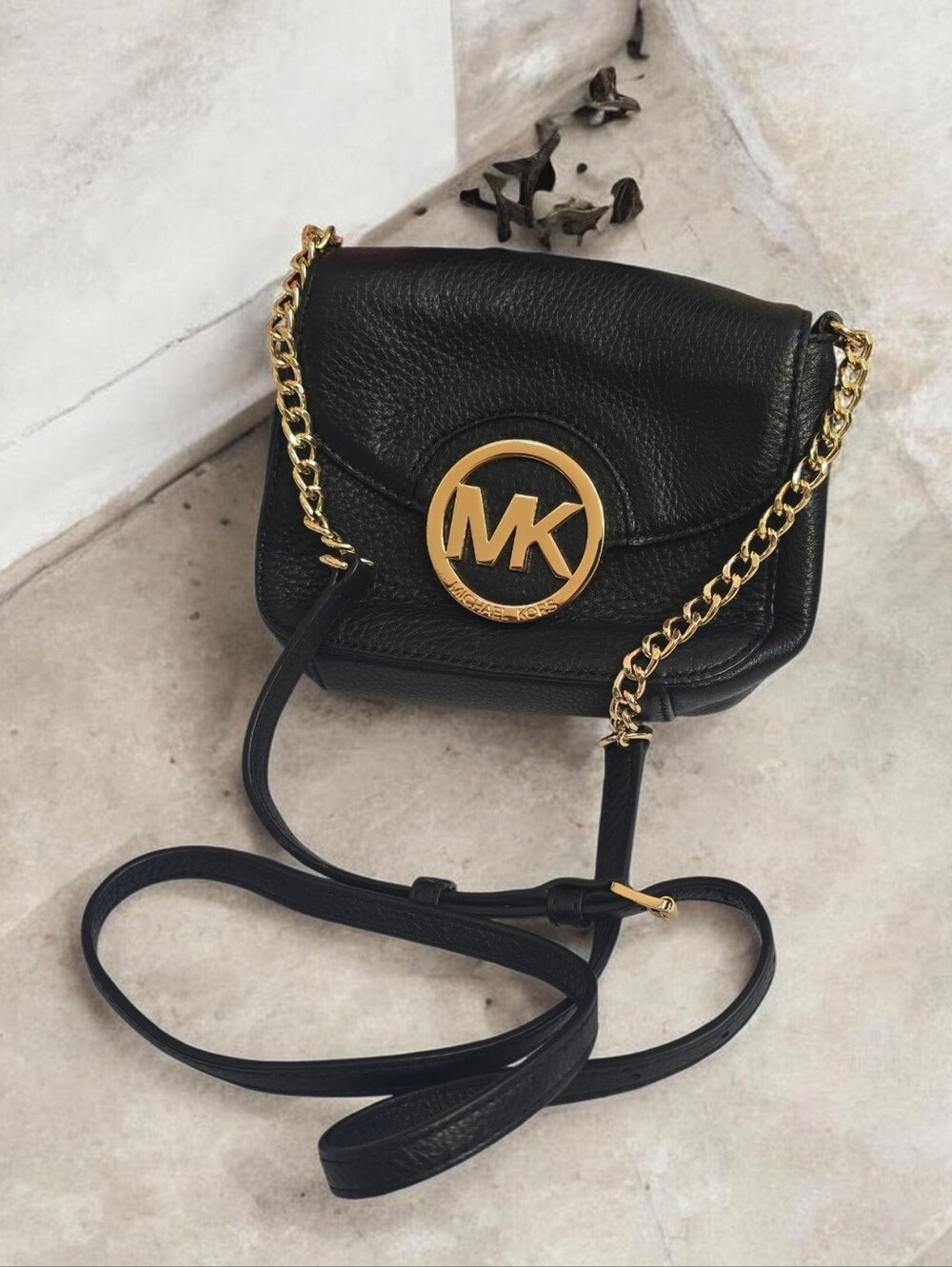 Michael Kors Black Leather Crossbody with Gold MK Medallion - Picture 1 of 8